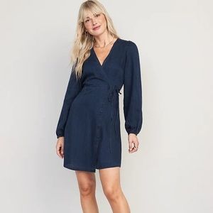 Puff-Sleeve Jean Mini Wrap Dress for Women